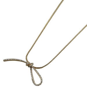 美品 クリスチャンディオール リボン メタル ラインストーン ゴールド ネックレス 0079 Christian Dior