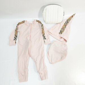 美品 Burberry バーバリー ベビー 子供服 ノバチェック柄 ポーチ付き ロンパース×スタイ×帽子 6M-9M 68cm ライトピンク 901