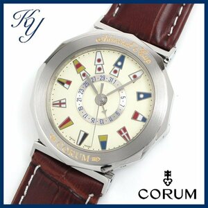 1円～ 3ヶ月保証付き 磨き済み 美品 本物 レア 人気 CORUM コルム アドミラルズカップ 263.830.20 デイト 革ベルト メンズ 時計