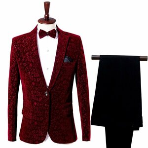 新入荷新品 上質 2点セット ワイン赤 ベルベッド素材 花柄 スーツ メンズ スーツセット タキシード 上着 ズボンS M L-4XL演奏会舞台衣装