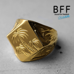 BFF ブランド パームツリー 印台リング ラージ ごつめ ゴールド 18K GP 金色 菱形 手彫り 専用BOX付属 (23号)