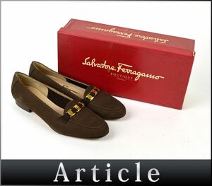 176829〇 Ferragamo フェラガモ ヴァラ金具 ローファー パンプス 靴 7 1/2C 24.5cm ヌバック ブラウン レディース PONZA 箱付/ F