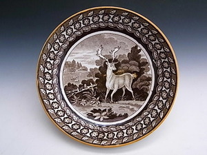 19世紀 古窯 茶染付 雄鹿 絵皿 ◆ 英国アンティーク