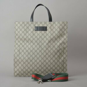 1円 未使用同様 GUCCI グッチ GGスプリーム トートバッグ 2WAY ショルダー 456217 PVC レザー 黒 グレー シェリーライン 美品 鞄 Mb.b