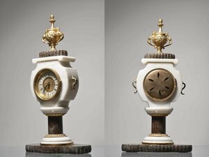 ■観心・時代旧蔵■C505十九世紀フランス銅塗金嵌大理石鐘 置時計
