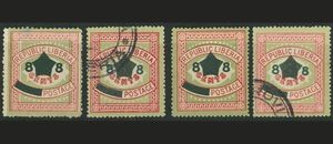 外国切手　リベリア　未使用　使用済み　1912年　加刷8c/3c　シェード、目打違い未OH済　各2枚