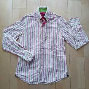 7camicie◎縦縞 長袖 ボタンダウンシャツ/白×ピンク緑/M SLIM