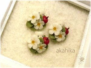 akahika*樹脂粘土花パーツ*ちびねこブーケ・林檎と小花