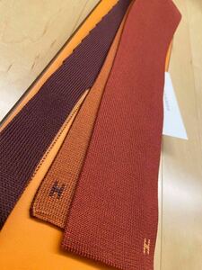 【美品】HERMES エルメス ネクタイ シルクマイユ 7.5cm ニットタイ リバーシブル 4色 Hロゴ 淡オレンジ パープル レッド 濃オレンジ