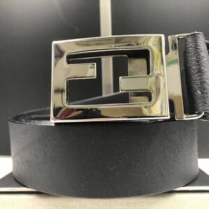 【美品/箱付き】FENDI フェンディ ベルト ガチャベル FFロゴ ズッカ レザー 本革 ブラック 黒 シルバー 通勤 通学 ビジネス メンズ 110/125