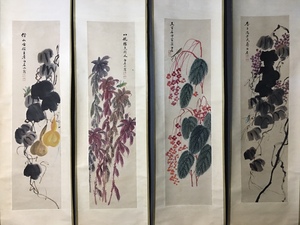 中国画 珍藏 近現代画家 斉白石 花卉図 四條屏 手描き作品 掛軸 巻き物 宣紙 時代物 中国美術 賞物 美術品 AH83