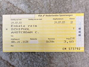 オランダ　スキポール空港アムステルダム中央駅　乗車券　使用済み　2003年