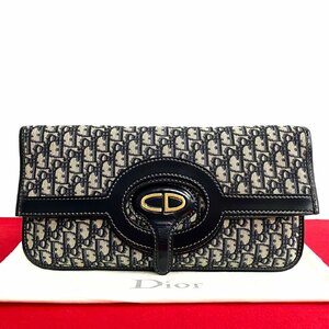 未使用保管品 袋付 Christian Dior ディオール トロッター CD ロゴ 金具 キャンバス レザー 2way クラッチバッグ ハンドバッグ 紺 31875