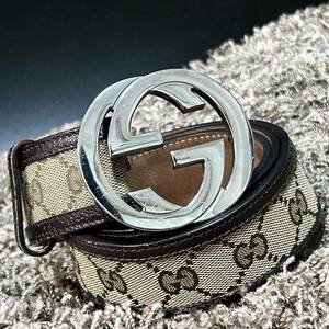 1円~【希少/極美品】グッチ GUCCI ベルト メンズ ビジネス インターロッキング ダブルG GGキャンバス レザー 