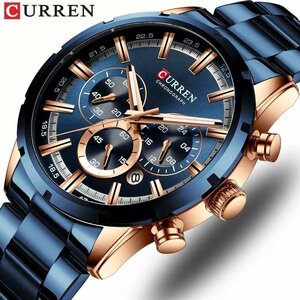 海外人気ブランド CURREN クォーツ腕時計 防水 クロノグラフ ブルー メンズ高品質腕時計☆3色選択/1点