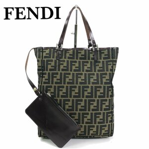 良品 FENDI フェンディ ズッカ柄 トートバッグ ハンドバッグ FFロゴ ナイロン×レザー 縦長 A4OK ミニポーチ付 正規品 最落無