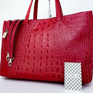 1円〜■極美品■FURLA フルラ クロコ 2way トートバッグ ブリーフケース ビジネス 大容量 A4 レディース メンズ レザー 希少色 レッド 赤