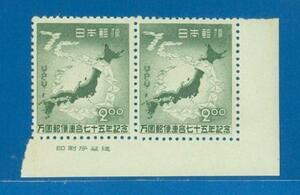 ■3158　記念切手　ＵＰＵ75年　２円　銘版付ペア　〒1