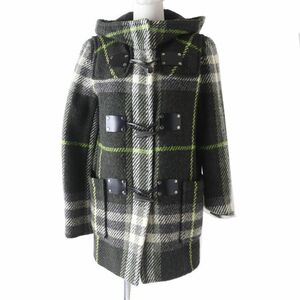 美品◎正規品 BURBERRY LONDON バーバリーロンドン FN072-071-72 レディース レザー使い ツイードダッフルコート カーキ系 チェック柄 38