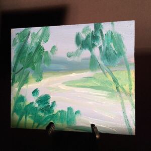 手書き油絵 印象画 深緑と小川 インテリア 置物 絵画
