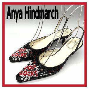 レディース Anya Hindmarch (アニヤ ハインドマーチ) ミュール サンダル シューズ スパンコール ヒール ブラック 黒 37 23.5cm イタリア製