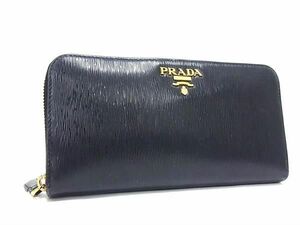 1円 ■美品■ PRADA プラダ レザー ラウンドファスナー 二つ折り 長財布 ウォレット 札入れ 小銭入れ ブラック系 AY2005