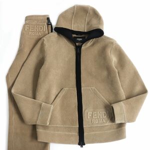 美品□21SS FENDI/フェンディ FW1129/FB0757 エンボスロゴ コーデュロイ パーカー/ジョガーパンツ セットアップ ベージュ 46 伊製 正規品