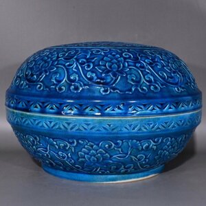 ◆古寳堂◆明 弘治年製款 寶石藍 開片 龍鳳紋 果盒 古陶瓷品 極細工 古置物 古擺件 中国古美術 時代物 古董品
