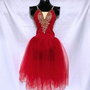 【1円】【未使用】極上バレエ ドレス レオタード一体型 光沢 ナイロン レッド　赤