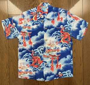 [レア] 当時物 オリジナル アロハシャツ ハワイアンシャツ 龍 青 vintage ヴィンテージ