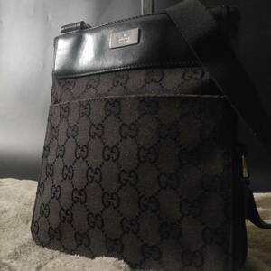 1円~【極美品】グッチ GUCCI ショルダーバッグ メンズ ビジネス サコッシュ クロスボディ 斜めがけ GG プレート キャンバス レザー 黒