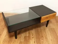 カフェスタイルセンターテーブルアルダー無垢材ルーバーデザイン引き出し付きテーブル