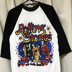 L 80s USA製ビンテージ ROLLING STONES ローリングストーンズ ラグラン 7分袖 Tシャツ ロックバンド ツアー 白黒 アメリカ製 レア vintage