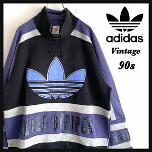 【レア】90s adidas アディダス スウェット トレーナー トレフォイル デサント ビンテージ ビッグロゴ 日本製 XL