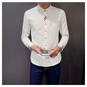 XL ホワイト ボタンダウンシャツ メンズ 長袖 無地 カジュアル カラー配色 カジュアルシャツ スリム