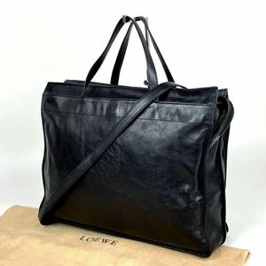 美品●LOEWE ロエベ ハンドバッグ 2way ショルダーバッグ アナグラム ロゴ型押し 斜め掛け ゴールド金具 レザー 黒 ブラック A4可 男女兼用