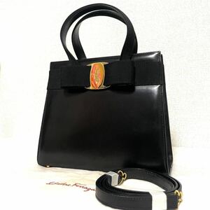 1円スタート！ 未使用に近い 極美品 Salvatore Ferragamo フェラガモ 2way ショルダーバッグ ハンドバッグ ヴァラリボン レザー ブラック 