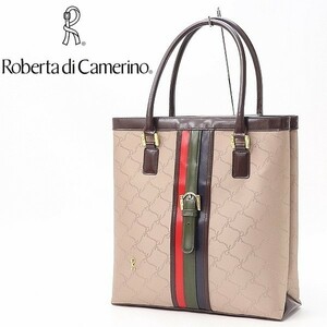 ◆Roberta di Camerino ロベルタ ディ カメリーノ ジャガード×レザー ロゴ総柄 ラインデザイン トート バッグ ベージュ×ダークブラウン