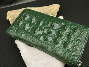 新品 大コブ クロコダイル ワニ革 背革 長財布 本物 ラウンドファスナー メンズ財布 一枚革 小銭入れあり 未使用 グリーン