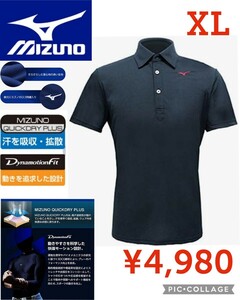 【新品】Mizunoミズノ●ゴルフ 半袖ポロシャツ●クイックドライプラス ダイナモ—ションフィット 吸汗速乾 伸縮 ストレッチ●黒XL●4980円 