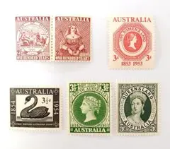 外国切手　ヴィンテージ　オーストラリア　切手発行周年記念　2種連刷＋4種