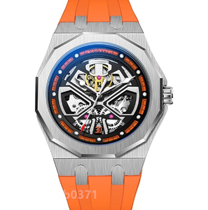 男性腕時計 機械式自動巻 メンズ ウォッチ スケルトンデザイン 3針 夜光表示 3ATM防水 シリコンベルト 紳士 新品未使用 ６色選ぶ/オレンジ