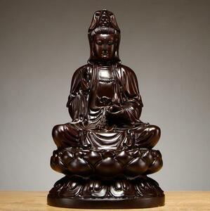 爆売り！仏教美術 精密細工 木彫り 黒檀木 観音菩薩座像　仏像　置物