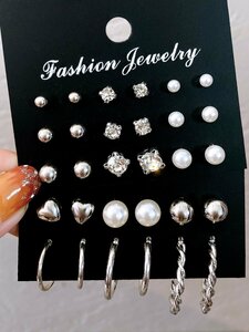 レディース ジュエリー ピアス セット 偽珍珠とラインストーン装飾 イヤリング 15ペア