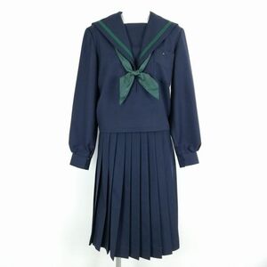 1円 セーラー服 スカート スカーフ 上下3点セット 155 冬物 緑3本線 女子 学生服 中学 高校 紺 制服 中古 ランクC NA6058