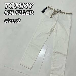 size:2【TOMMY HILFIGER】トミーヒルフィガー ストレッチ スリム テーパードパンツ リングベルト付 白 ホワイト ゴルフウェアとしても可