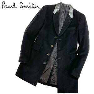 美品!!PS Paul Smith ポールスミス 233309 襟 ラムレザー 羊革 カシミヤ混 ウール チェスターコート(M) ブラック メンズ スーツ 紳士服