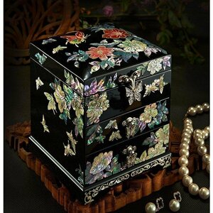 良い品質 漆器 天然シェル 木製　 純手作り製作 真珠層ラッカー 貝殻ジュエリーボックス 宝石箱 結婚アクセサリーケース 箱 多層 F346
