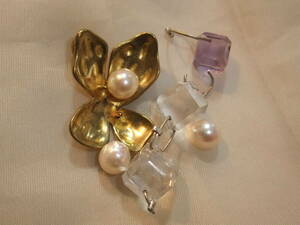165- 3水晶crystalクリスタルキューブダブルホールルース&アコヤ真珠pearl無穴等ビンテージデザインブラスパーツセット