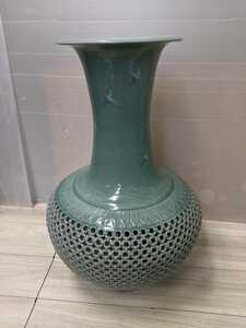 高麗青　磁透かし壺　飾り壷　鶴　花瓶　アンティーク　骨董　古美術